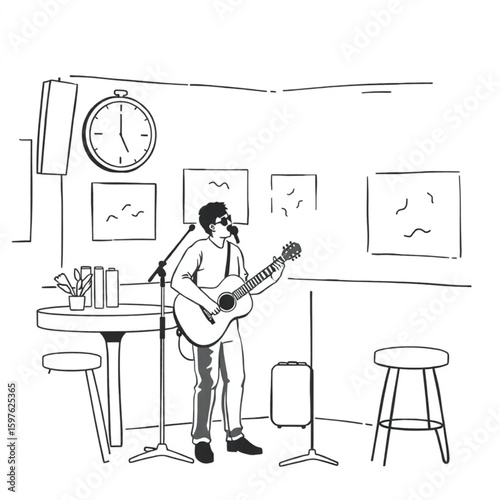 A singer warming up before an open mic night in a small bar