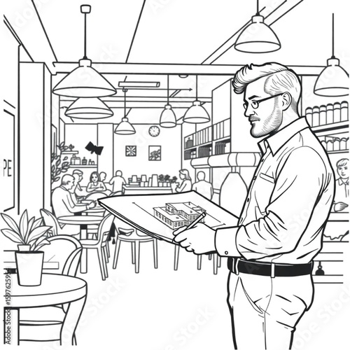 A man sketching architectural plans in a bustling coffee shop