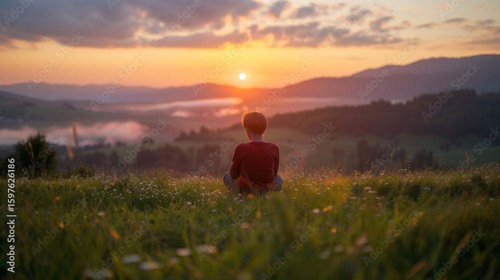 Fototapeta premium Contemplative figure sits on a grassy hill, gazing at a serene, cloud-filled mountain vista at sunset.