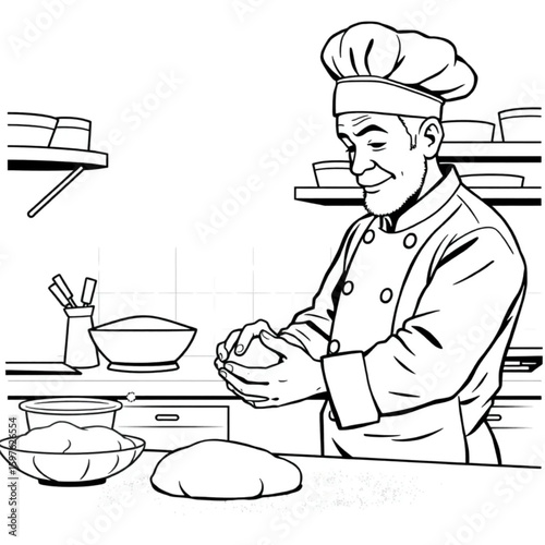 A pastry chef kneading dough in a kitchen dusted with flour