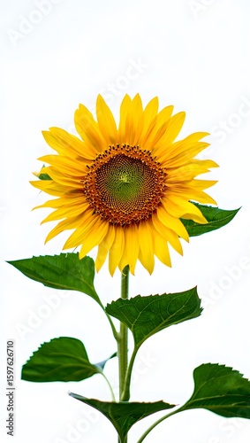 Bright yellow sunflower with green leaves isolated on a white background, capturing its natural beauty and summer bloom