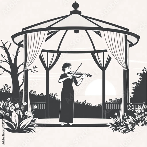 A violinist rehearsing in a garden gazebo at sunset