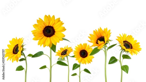 Bright yellow sunflowers in bloom, isolated on a white background, capture the essence of summer nature