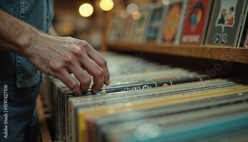 Person carefully selecting vinyl record from packed collection in music store