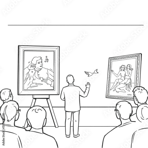 An auctioneer gesturing towards art at a gallery auction
