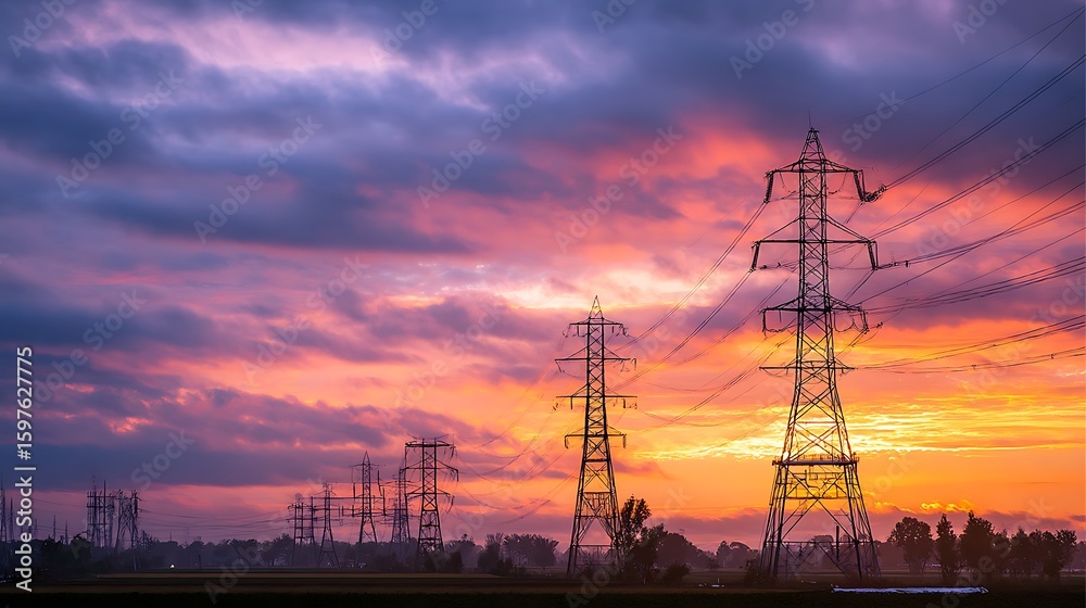 Fototapeta premium Majestic Sunset Over Electrical Transmission Towers Silhouetted in a Vibrant Sky with Colorful Clouds and Fields in the Background .