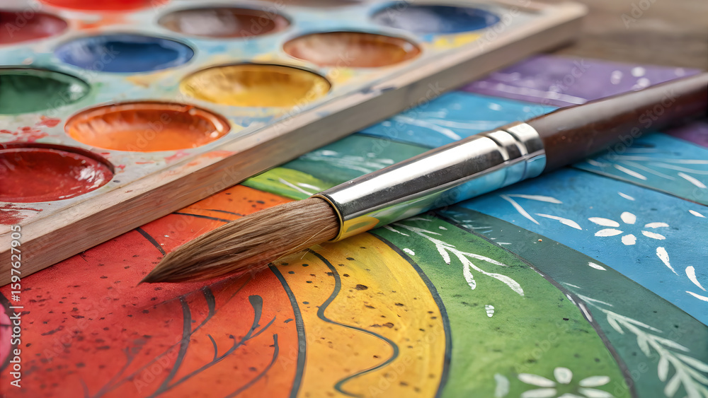 Obraz premium Watercolor Brush and Palette: A vibrant and inviting scene featuring a detailed watercolor brush poised over a colorful painting.