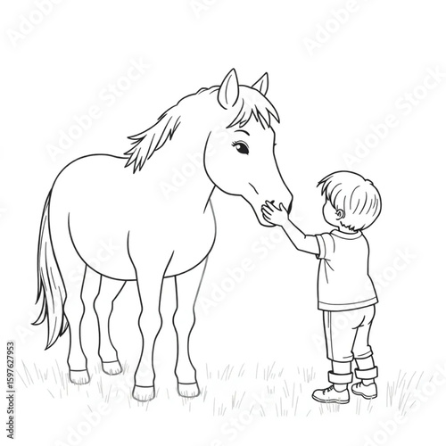 A child gently brushing a pony’s mane at dawn