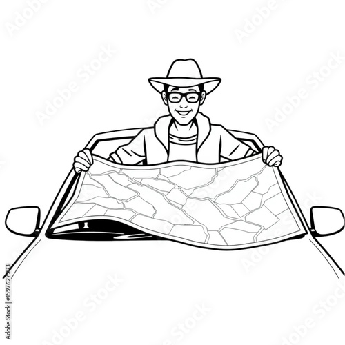 A road tripper unfolding a brightly colored map on a car hood
