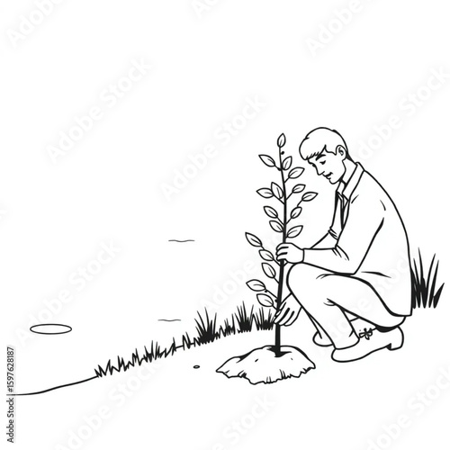 A community leader planting a sapling by the riverbank