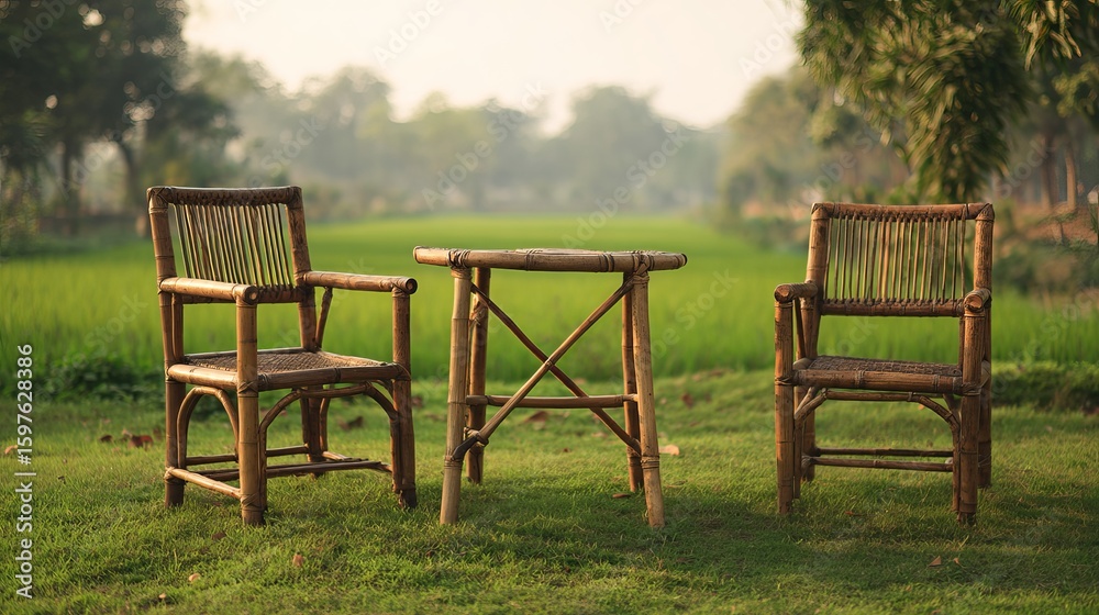 Fototapeta premium Two rustic bamboo chairs and a round table in a serene green landscape, perfect for relaxation.