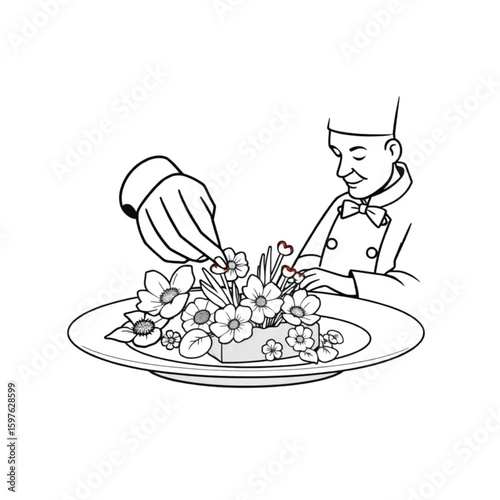 A chef arranging edible flowers on a plated dessert