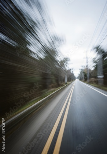 Blurred road scene, fast driving, trees rushing by, asphalt highway.