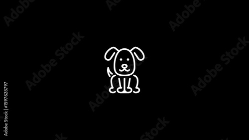 White doggy icon in minimal linear outline style, centered on a pure black background. The icon features a cute dog head or full dog shape made with smooth glowing white lines. Designed for animation.