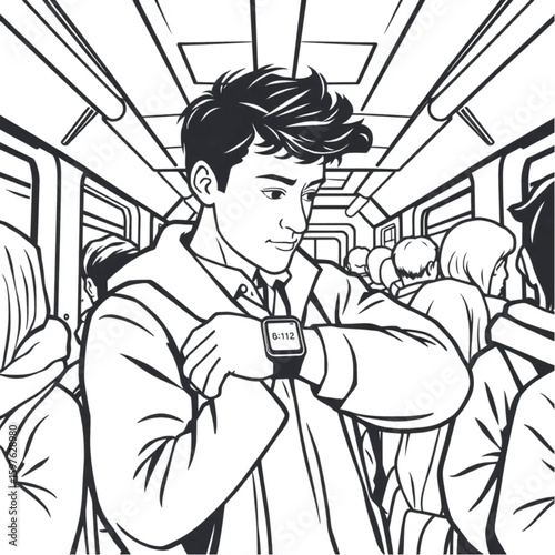 A commuter glancing at a smartwatch on a crowded tram