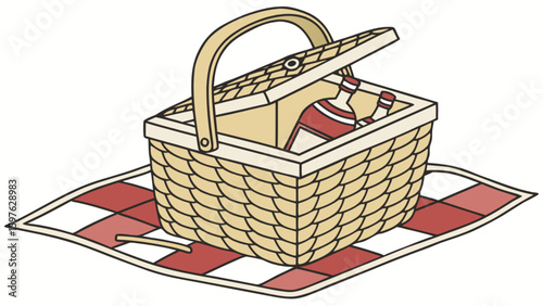 Picnic basket with wine bottles and a checkered blanket for outdoor summer dining and relaxation time