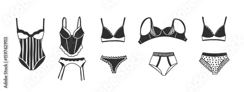 Hand drawn lingerie set with different styles of bras and panties in black and white