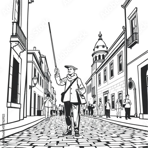 A tour guide holding a flag while narrating history on cobbled streets