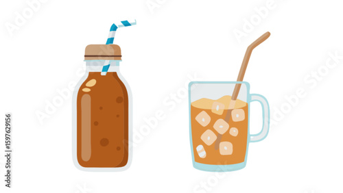 Iced coffee drinks vector illustration: perfect for summer refreshment and coffee shop promotions use now