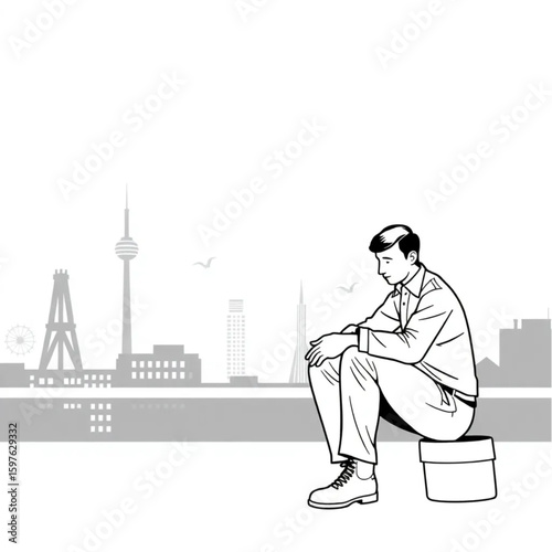 A shoe shiner polishing a customer’s boots beneath city towers