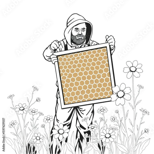A beekeeper lifting a frame full of honeycomb beside wildflowers