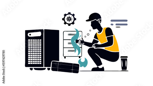 Computer repair service technician fixing a burning server maintenance and data recovery assistance needed
