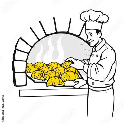 A pastry chef pulling golden croissants from a stone oven