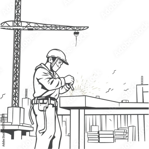 A welder joining steel beams on a busy construction site