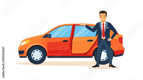 Car salesman presenting new vehicle auto dealership car sales and service automotive industry modern vector