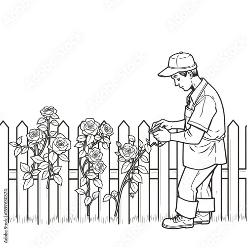 A gardener pruning roses along a wooden picket fence