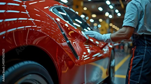 A close-up of a worker's hand polishing a shiny red sports car in a factory setting. The environment is well-lit with industrial elements visible.
