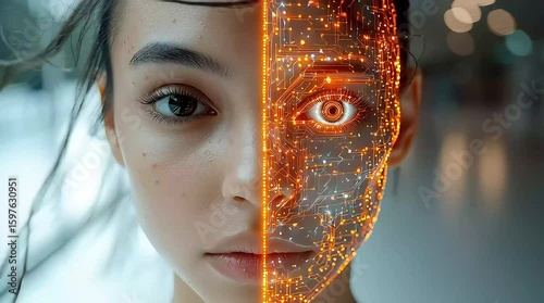 A young mixed-race woman with dark hair and freckles on one side of her face, while the other side displays a digital, glowing representation of a human face.
