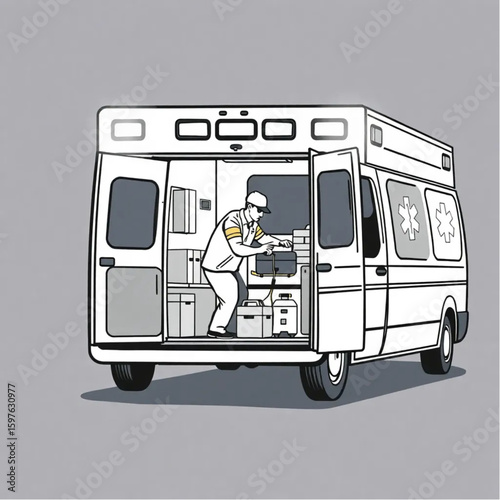 A paramedic preparing equipment in an ambulance at night