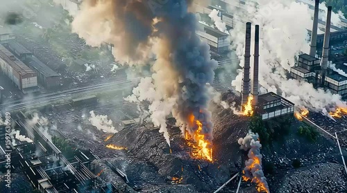 Aerial view of a large industrial fire with thick smoke and flames rising from a waste pile. Surrounding buildings are partially visible in the background.