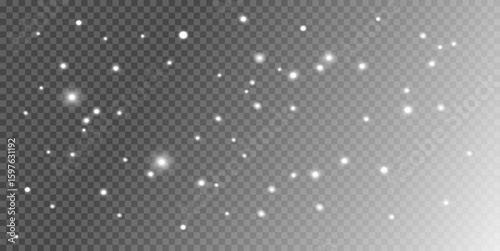 Snowflakes fly in the air. Realistic Snow, Snowflakes, Snowfall on transparent background. Overlay effect. White Snow png. Christmas Designs. Vector illustration