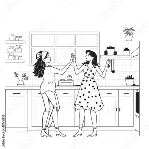 A couple dancing in the kitchen while cooking Sunday brunch