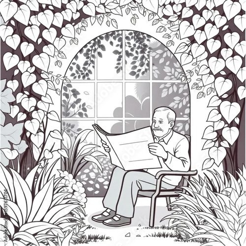 A retiree reading the morning paper in an overgrown garden alcove