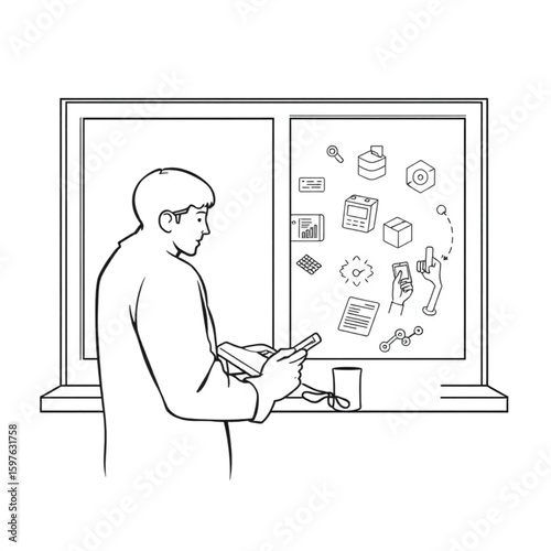 A graphic designer illustrating concepts on a digital tablet by the window