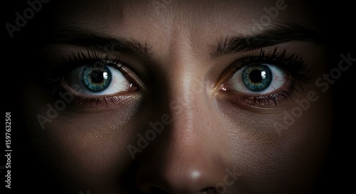 Close-up of Wide-Eyed Woman, Fear, Terror, Fright, Anxiety, Panic, Distressed, Terrified, Scared, Shocked, Astonished, Surprised, Intense Emotions