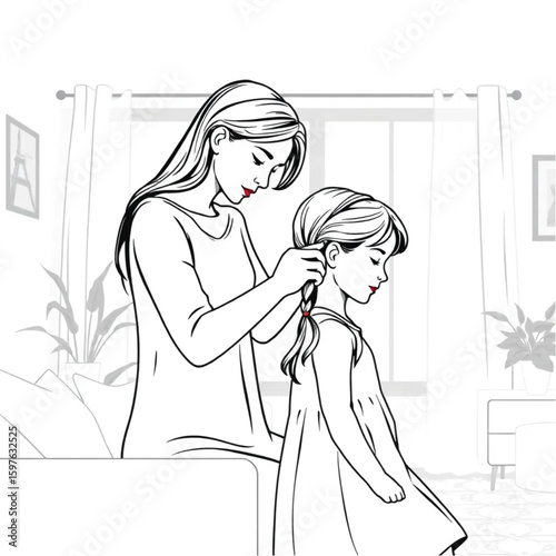 A mother braiding her daughter’s hair in the warm living room light