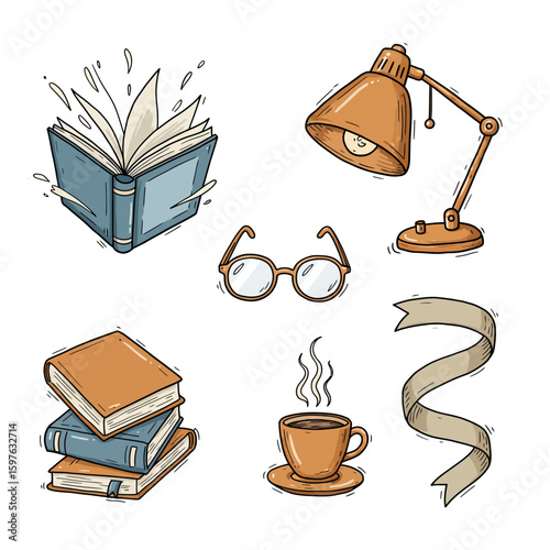 A charming illustration showcases a stack of books, an open book, a steaming cup of coffee, glasses, a lamp, and a ribbon, evoking a cozy reading atmosphere.