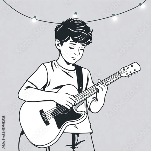 A young musician tuning a guitar in the glow of string lights