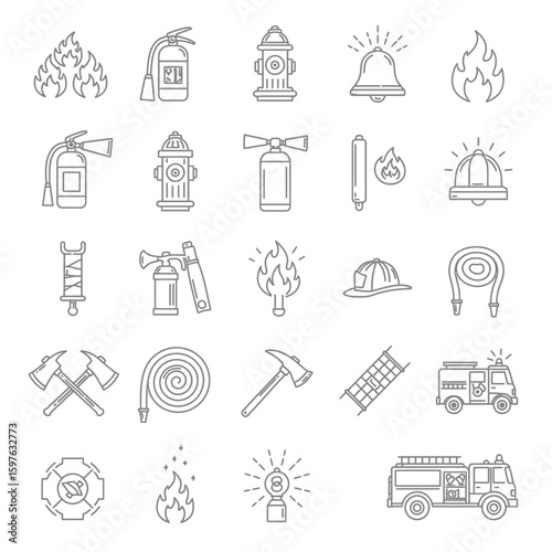 A comprehensive collection of outline line art icons representing various firefighting equipment, safety tools, and emergency services.
