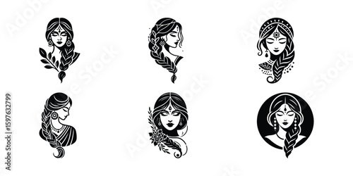 Black & White Vector Art: Woman with Braids, Bohemian Style Portrait Illustrations, Tattoo Design, Mystic Female Beauty, Spiritual Art