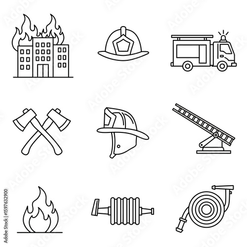 A collection of illustrated firefighting icons, including a burning building, fire truck, helmet, axes, ladder, and hose, representing emergency response.