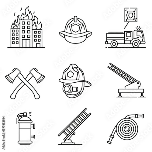 Collection of line art icons representing firefighting equipment and emergency services, including a burning building and fire truck.