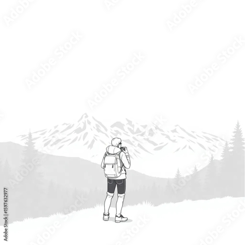 A hiker pausing at a lookout to photograph snowy mountain peaks