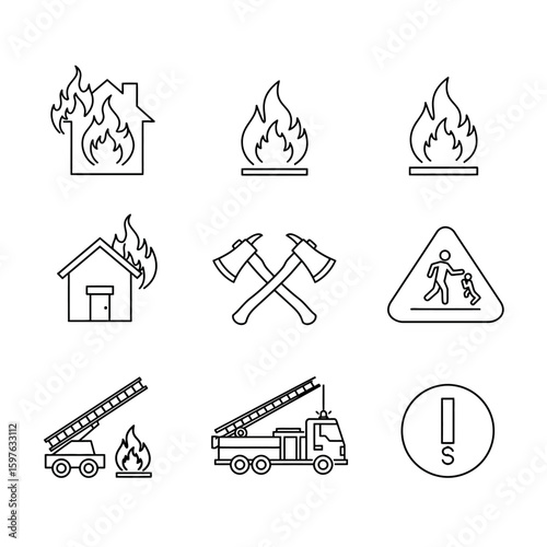 This image features a collection of outline icons representing fire, emergency situations, firefighting equipment, and safety warnings.