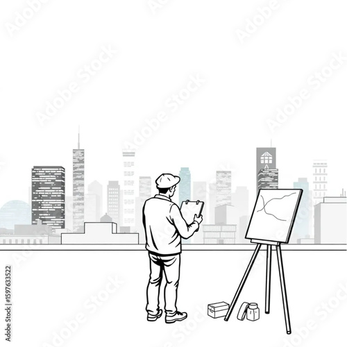 A street artist sketching a city skyline from a rooftop at dusk