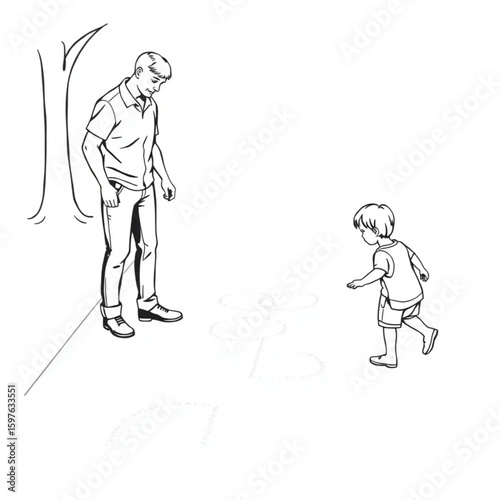 A father and son drawing chalk hopscotch on the sidewalk
